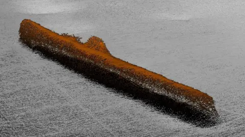 Seacams 2 Sonar image shows the intact and cigar-shaped U87 German submarine lying on the seabed