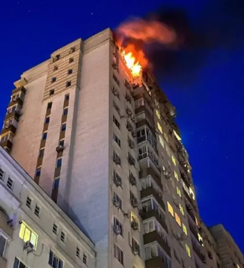 Kyiv City Military Administration A building on fire in Kyiv, Ukraine. Photo: 30 May 2023