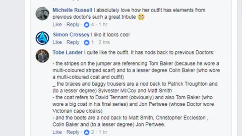 Facebook/BBC I quite like the outfit. It has nods back to previous Doctors: - the stripes on the jumper are referencing Tom Baker (because he wore a multi-coloured striped scarf) and to a lesser degree Colin Baker (who wore a multi-coloured coat and outfit)