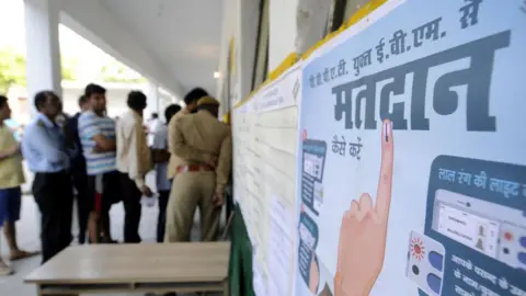 Getty Images Voters lined up at government school in Sector 27 early in the morning to cast their votes on April 11, 2019 in Noida, India.