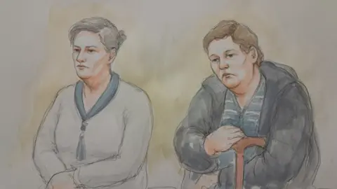 Helen Tipper Court sketch of Adriana Orme (left) and Holly LeGresley (right)