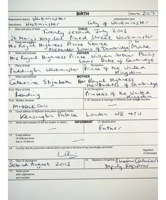 PA Copy of the birth register for Prince George of Cambridge