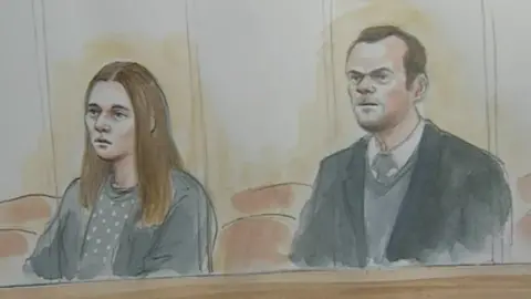 Helen Tipper Court sketch of Emma Tustin and Thomas Hughes