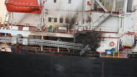 Indian Navy Photo of Genco Picardy ship after being struck by drone