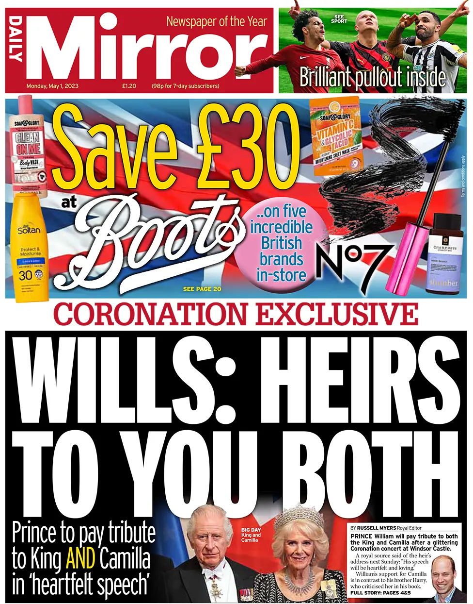 Front page of the Daily Mirror