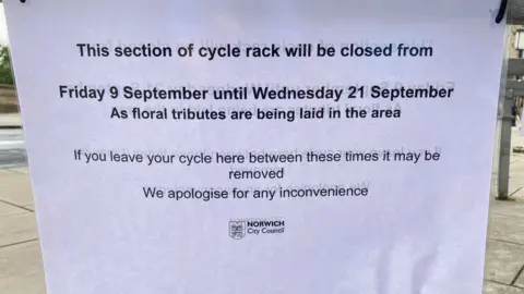 The new sign warning of cycle rack closures outside City Hall in Norwich