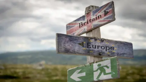 Getty Images Britain, Europe and exit text with flag on wooden signpost outdoors in nature, emergency sign to symbolise Brexit