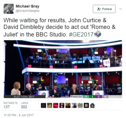 @grayinglasgow Tweet, saying that Curtice and Dimbleby are recreating Romeo and Juliet