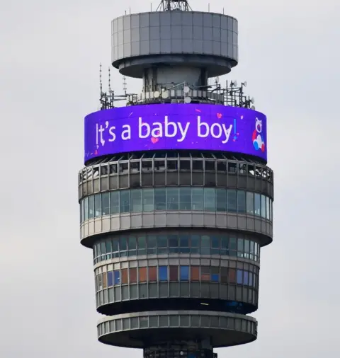 Chris J Ratcliffe/Getty Images The BT Tower in London displaying the message "It's a baby boy"