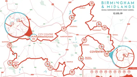 Velo Birmingham & Midlands Map of the 2019 route