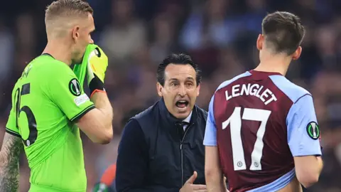 Aston Villa boss Unai Emery, goalkeeper Robin Olsen and defender Clement Lenglet