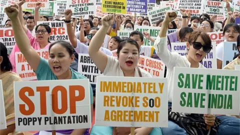 Getty Images Meitei community people of Manipur take part in a protest at Jantar-Mantar, on June 4, 2023 in New Delhi, India. The rally was organized by the Manipur Coordination Committee, an umbrella group of civil society organizations and students' bodies.