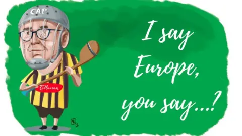 Wilfried Martens Centre for European Studies Illustration of Phil Hogan in hurling sports gear