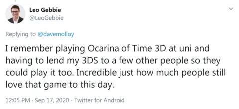 Twitter / LeoGebbie Tweet from @LeoGebbie: I remember playing Ocarina of Time 3D at uni and having to lend my 3DS to a few other people so they could play it too. Incredible just how much people still love that game to this day.