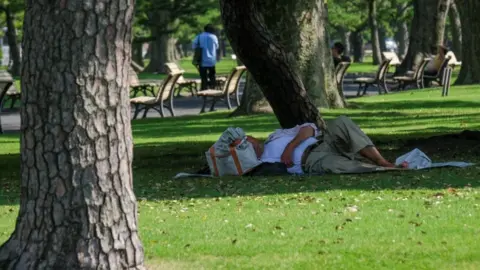 Getty Images This picture taken on June 29, 2022 shows a man resting in the shade at a park around the Imperial Palace in a heat wave in Tokyo.