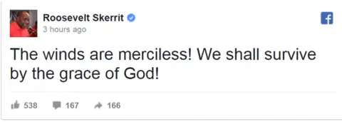 Facebook Facebook post by Dominica Prime Minister Roosevelt Skerrit: The winds are merciless! We shall survive by the grace of God!