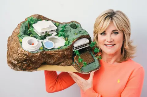 Shutterstock Anthea Turner holding a Tracy Island model in 2015