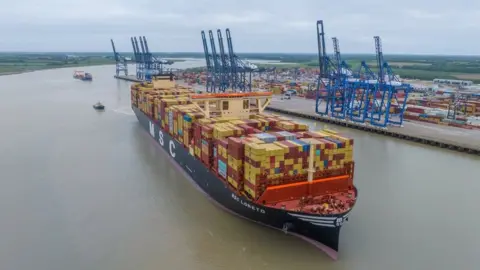 World s largest container ship leaves Felixstowe after first UK visit