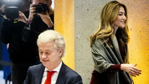 SEM VAN DER WAL/ANP/AFP Geert Wilders (L) and leader of the People's Party for Freedom and Democracy (VVD) Dilan Yesilgoz-Zegerius attend a meeting in parliament