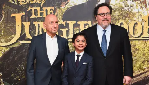 Getty Images Sir Ben Kingsley, Neel Sethi and Jon Favreau at The Jungle Book premiere