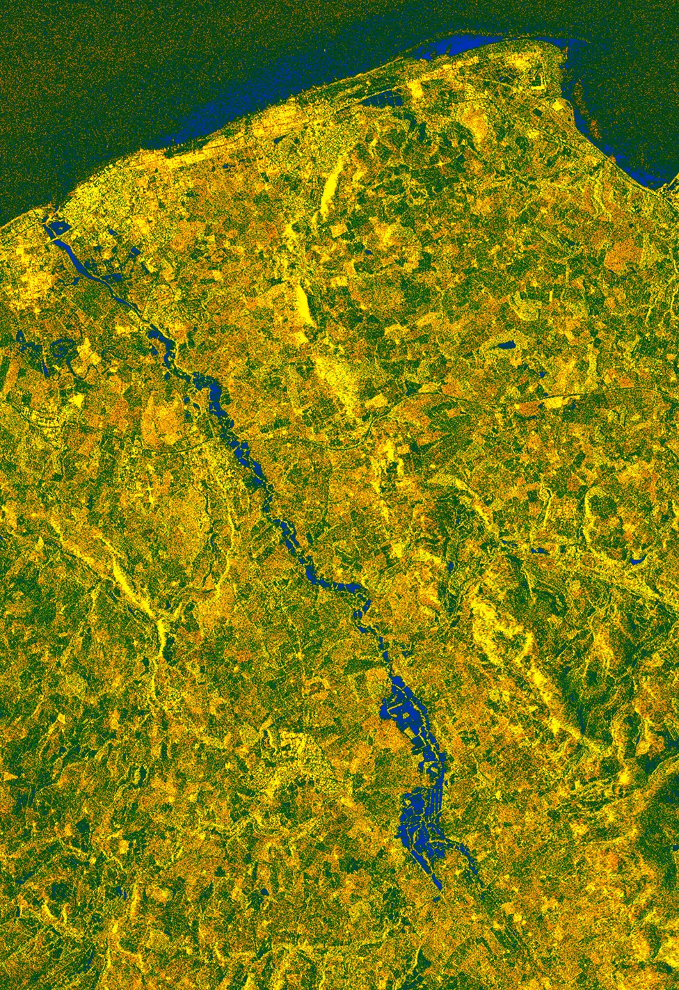 Copernicus Data/Sentinel-1 Flood waters (dark blue) from the River Clwyd in North Wales are imaged by the EU's Sentinel-1 radar satellite on Thursday