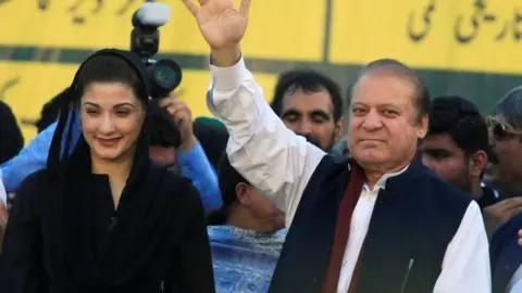 Reuters Nawaz Sharif (R), former Prime Minister and leader of Pakistan Muslim League, gestures to supporters as his daughter Maryam Nawaz looks on during party"s workers convention in Islamabad, Pakistan 4 June 2018.