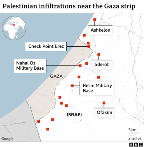 Map showing Gaza and southern Israel and where Hamas militants have infiltrated