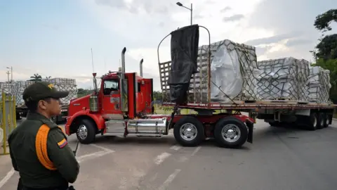 AFP Aid lorries waiting in Cucuta