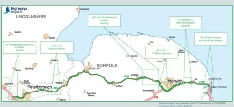 Ordnance Survey map of A47 upgrade