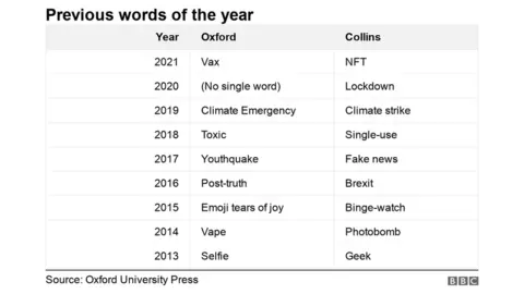 A chart showing all of the previous words of the year.