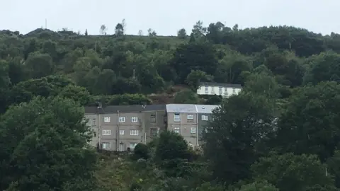 BBC The row of houses stand on a hillside in the Swansea Valley