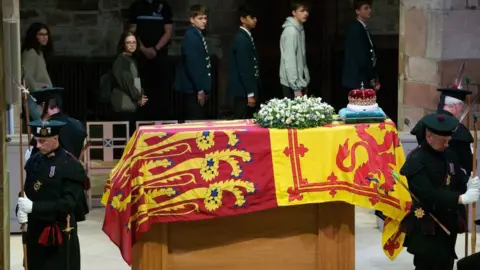 The coffin of Queen Elizabeth II at St Giles Cathedral in Edinburgh