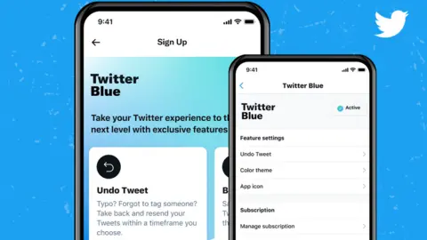 Twitter A phone mock-up shows the Twittter blue sign-up subscription screens