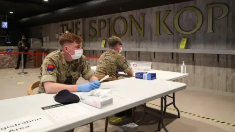 PA Media Soldiers in Anfield stadium helping with mass testing in Liverpool