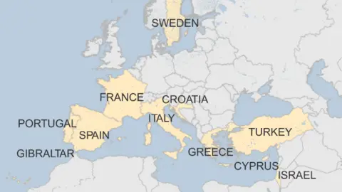 Map of where Monarch holidaymakers
