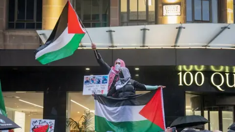 PA Media Protestors waving Palestinian flags