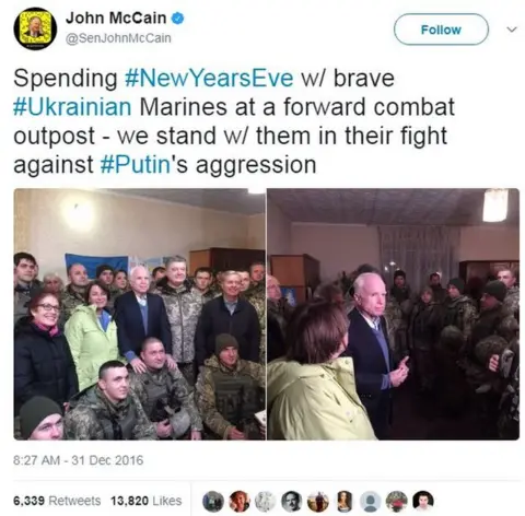 Twitter/JohnMcCain A picture showing Senator McCain during his trip to meet Ukraine's marines in December 2016