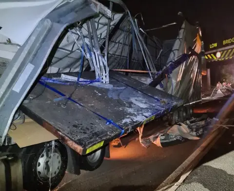 National Highways Lorry hit low bridge on A5, in Leicestershire