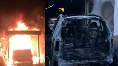 BBC A composite picture of Ferat's Kocak's car which was set on fire in 2018. Composite shows the car before and after it was burned