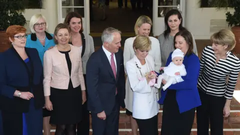 Getty Images Malcolm Turnbull (centre) with his nine female ministers and one minister's baby