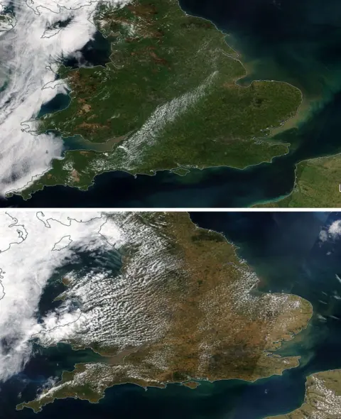 NASA Satellite images of parts of the UK showing the effect the weather has had on the landscape between May and July