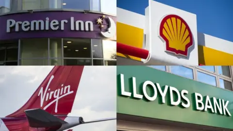 Getty Images Logos of Virgin Atlantic, Lloyds Bank, Shell and Premier Inn