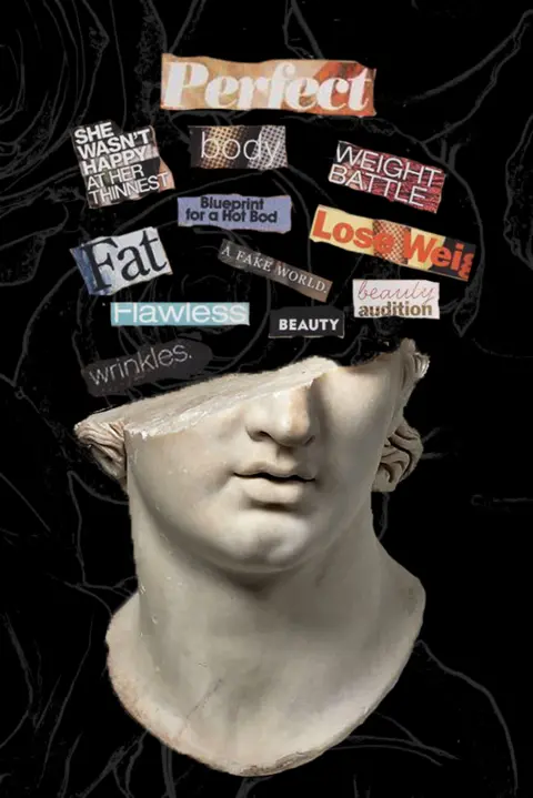 Holly Atkins A piece of art showing showing the lower half of a stone statue head with cut-out words above