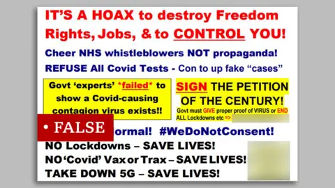 Getty Images Flayer calling the pandemic a "hoax". We added a "false" label