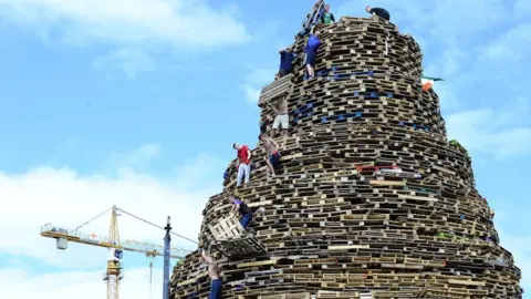 Pacemaker Final preparation takes place for the bonfire on Sandy Row in Belfast in July 2017