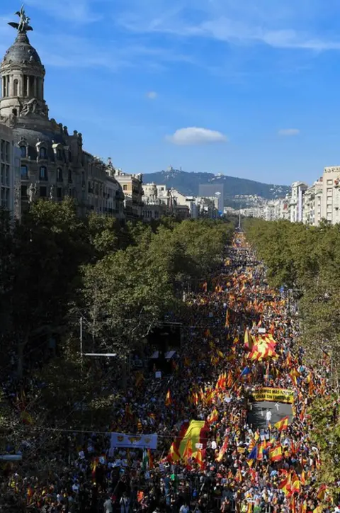 AFP Supporters of Spanish unity attend a demonstration to call for co-existence in Catalonia and an end to separatism, in Barcelona, Spain, October 27, 2019