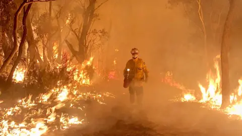 DANIEL KNOX/HORSLEY PARK RURAL FIRE BRIGADE Firefighter Daniel Knox stands amid flames and fire in NSW