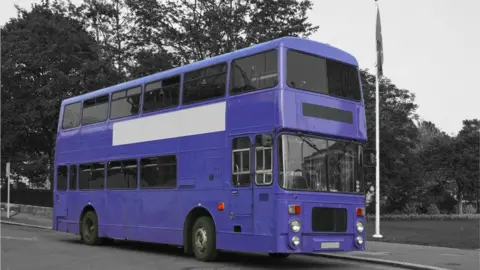 Getty Images Purple Double-Decker Bus - Cardiff - stock photo