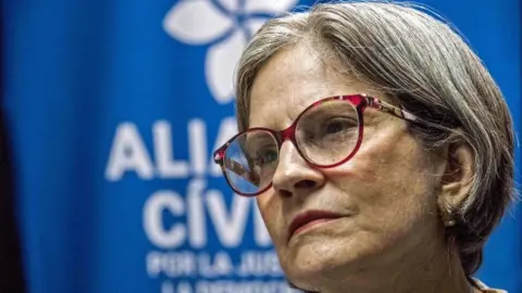 Getty Images The president of the Ciudadanos por la Libertad (CxL) party, Nicaraguan Kitty Monterrey, gestures as she speaks about the detention of two of her party members in Managua on July 6, 2021