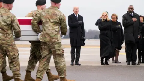 Reuters US President Joe Biden, first lady Jill Biden, Secretary of Defence Lloyd J. Austin III attend the dignified transfer of the remains of Army Reserve Sergeants William Rivers, Kennedy Sanders and Breonna Moffett, three US service members who were killed in Jordan during a drone attack carried out by Iran-backed militants, at Dover Air Force Base in Dover, Delaware, US, 2 February, 2024